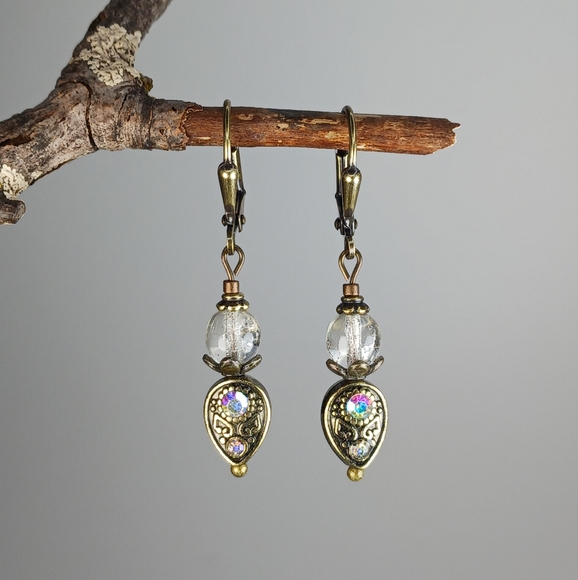 HAND CRAFTED Vintage Style Brass Crystal Dangle Drop Earrings - Picture 3 of 6